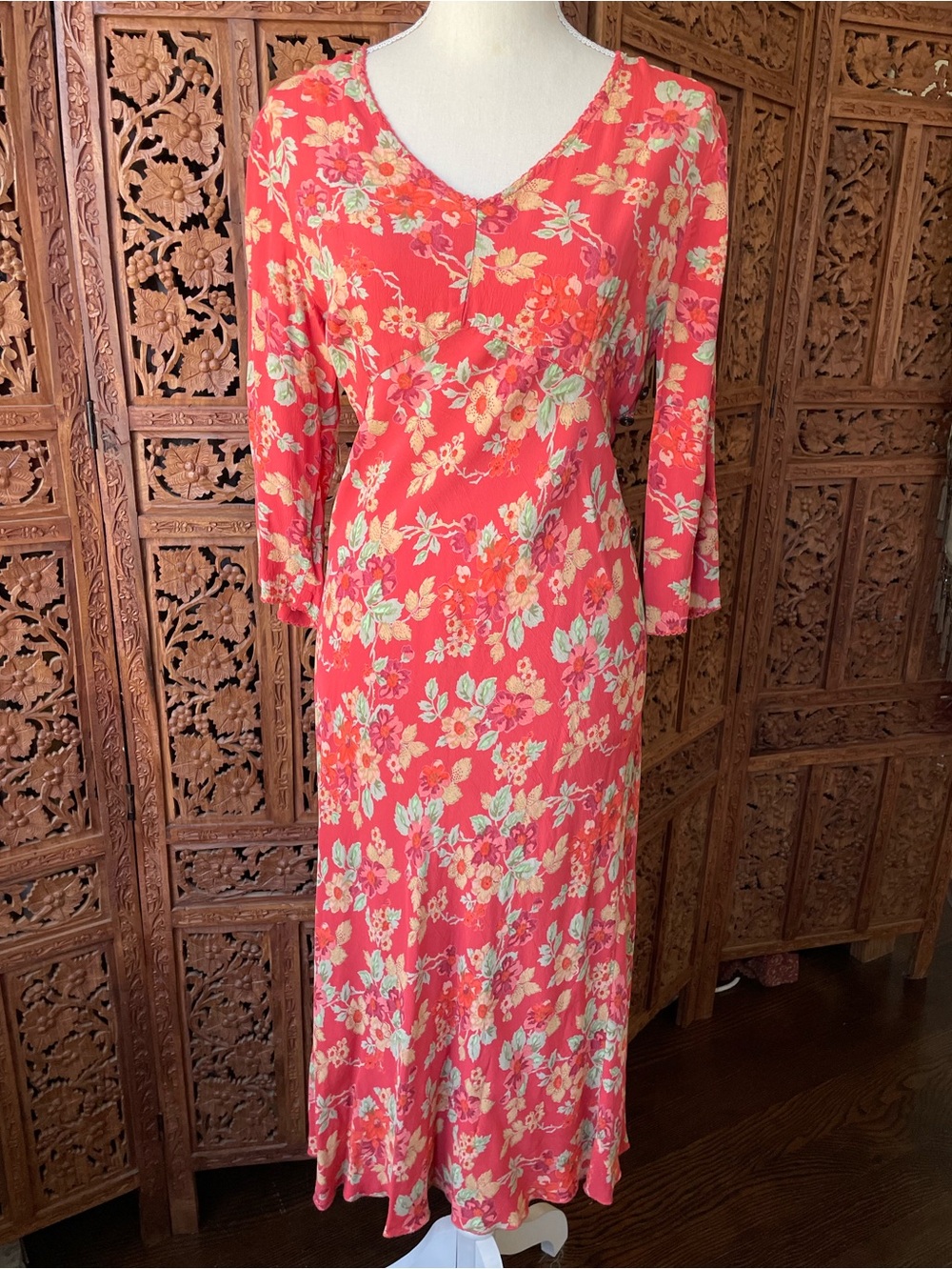 April Cornell Coral Floral 3/4 Long Sleeve V-Neck Midi Dress